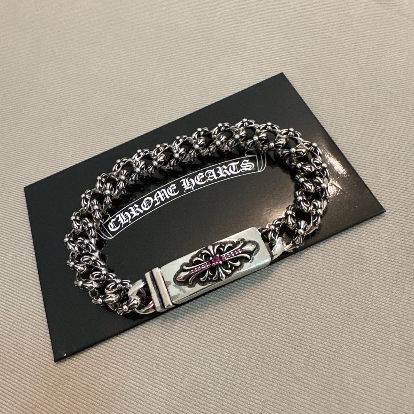 Chrome Hearts Silver Bracelet with Pink Crystal Cross Clasp